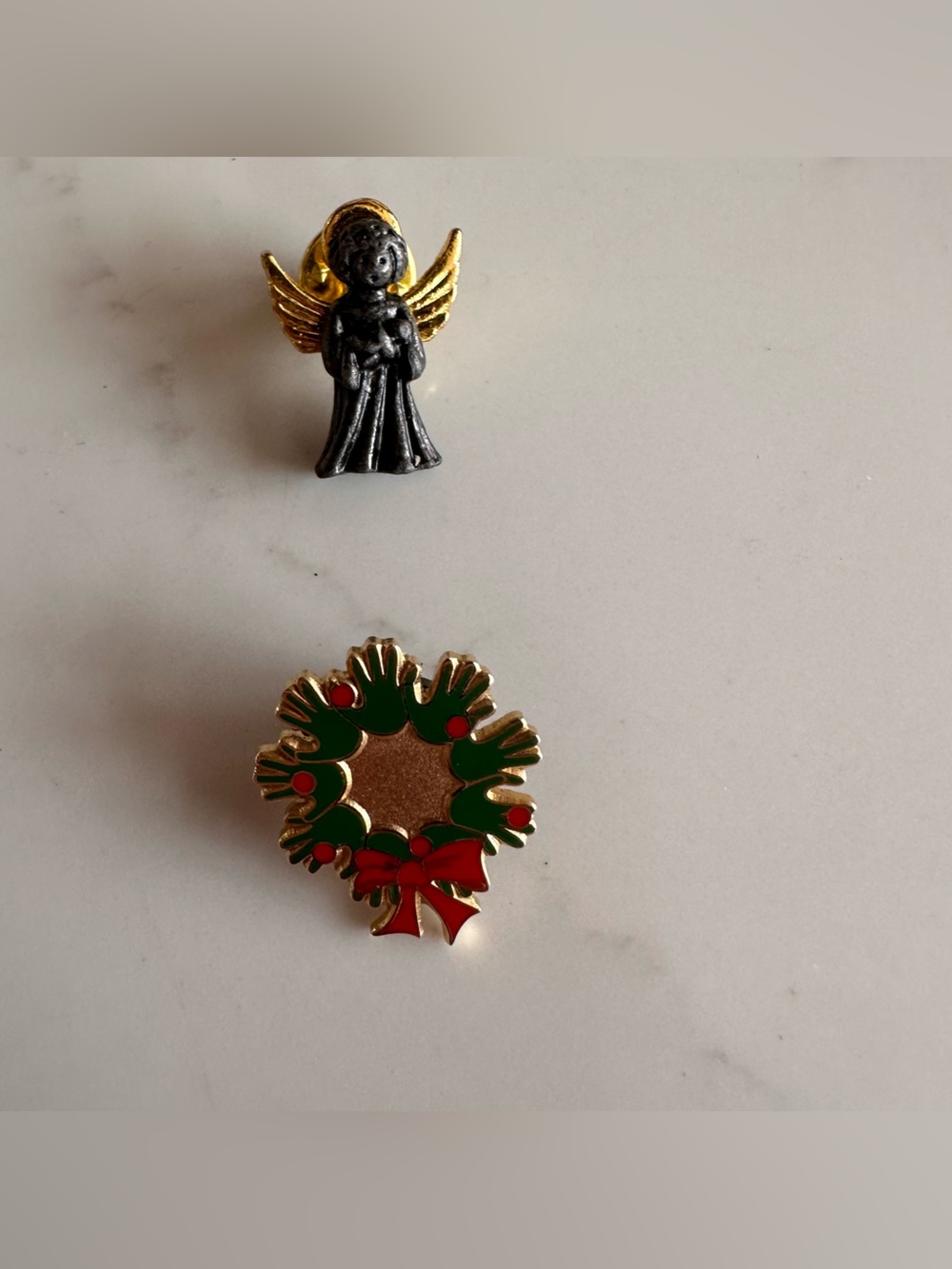 Festive Christmas Wreath & Angel Brooches in Green & Red with Gold Accents